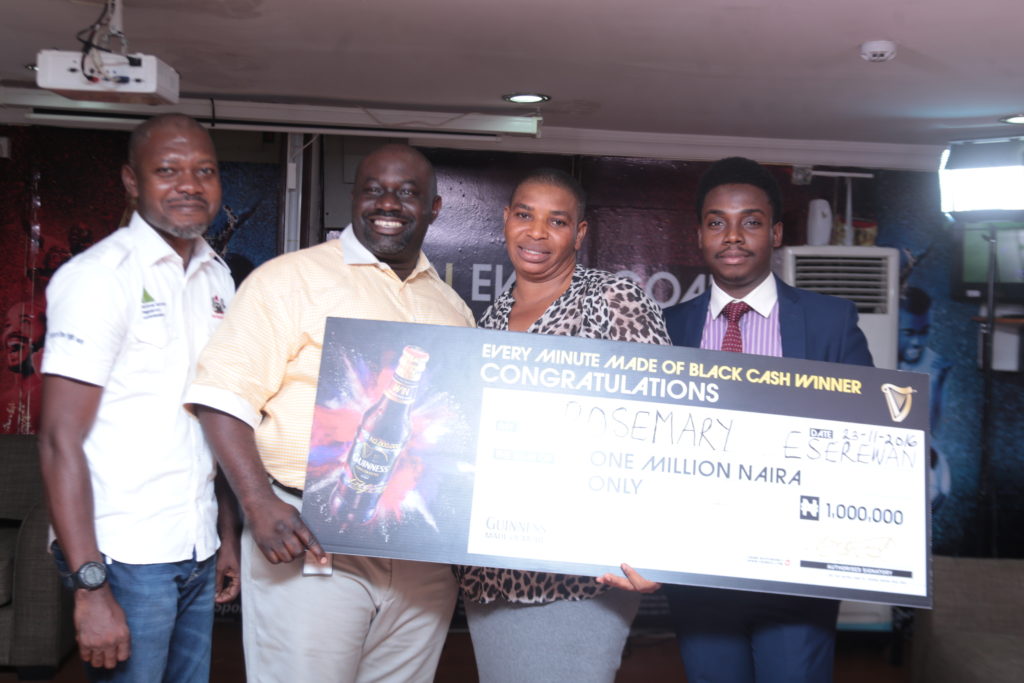  Assistant Manager, Business Development Unit, National Lottery Regulatory Commission, Afam Ojeh; Distributor Management Director, Guinness Nigeria Plc., Peter Letsuwa; 1 million naira winner, Rosemary Eserewan and  Ibukunoluwa Odulana, Consultant, Deloitte at the prize presentation of the Guinness Every Minute Made of Black Promotion recently in Abuja.