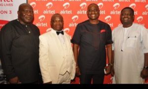 (L-r), Adolphus Joe Ekpe, director-general, National Lottery Regulatory Commission (NLRC); Prince Emmanuel Jeminiwa, director, Regulation & Monitoring, NLRC; Segun Ogunsanya, managing director/chief executive officer, Airtel Nigeria, and Femi Adesina, special adviser, Media & Publicity to the President, at the premiere Airtel of Touching Lives Season 3, held in Lagos at the weekend.