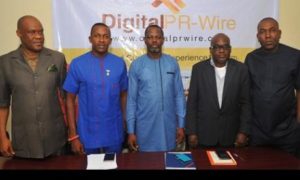 (L-r): Chuddy Oduenyi‎, MD, Compact Communications; Ifeanyi Aniagoh, Senior Special Adviser to Gov. Willie Obiano on Social Media; Celestine Achi, founder/CEO, Cihan Group; Muyiwa Akintunde, vice president, PRCAN and Ikem‎ Okuhu, Lead Director, Reliks Media Ltd., at the media launch of DigitalPRWire on Tuesday, in Lagos.