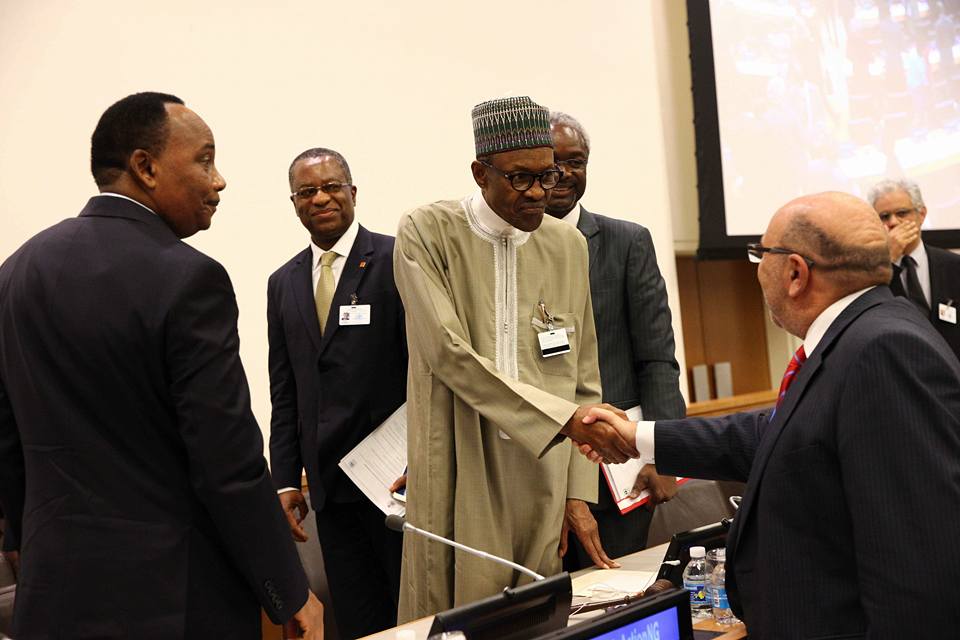 President Buhari with L-R: Minister of Environment Amina Mohammed, President of Niger H.E. Mahamadou Issoufou, Minister of Foreign Affairs Geoffrey Onyeama and Deputy Executive Director United Nations Environment Program Mr Ibrahim Thiaw during a sideline forum on Environment Sustainability at the sidelines of the UN General Assembly in New York on 22nd September, 2016.