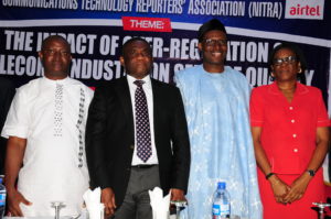 President of the Nigeria Information and Communication Technology Reporters' Association, Mr Emmanuel Okonji; Director of Public Affairs, NCC, Mr. Tony Ojobo; Head of Legal & Regulatory Services,NCC, Mrs. Yetunde Akinloye; President of the Association of Licensed Telecommunications Operators of Nigeria (ALTON), Engr.Gbenga Adebayo during the 3rd Quarter Seminar of Nigeria Information and Communications Technology Reporters' Association (NITRA) which held at the Lagos on the 16th of September, 2016. 