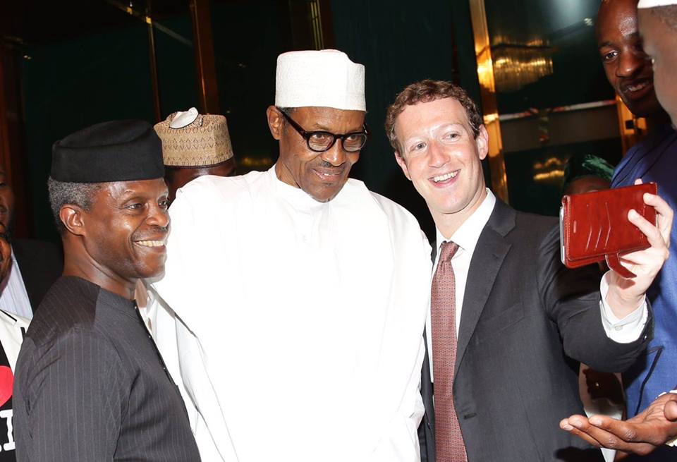 President Muhammadu Buhari and Vice President Yemi Osibajo during a selfie photo shot with their Guest Mark Zuckerberg at the Aso-rock on Friday