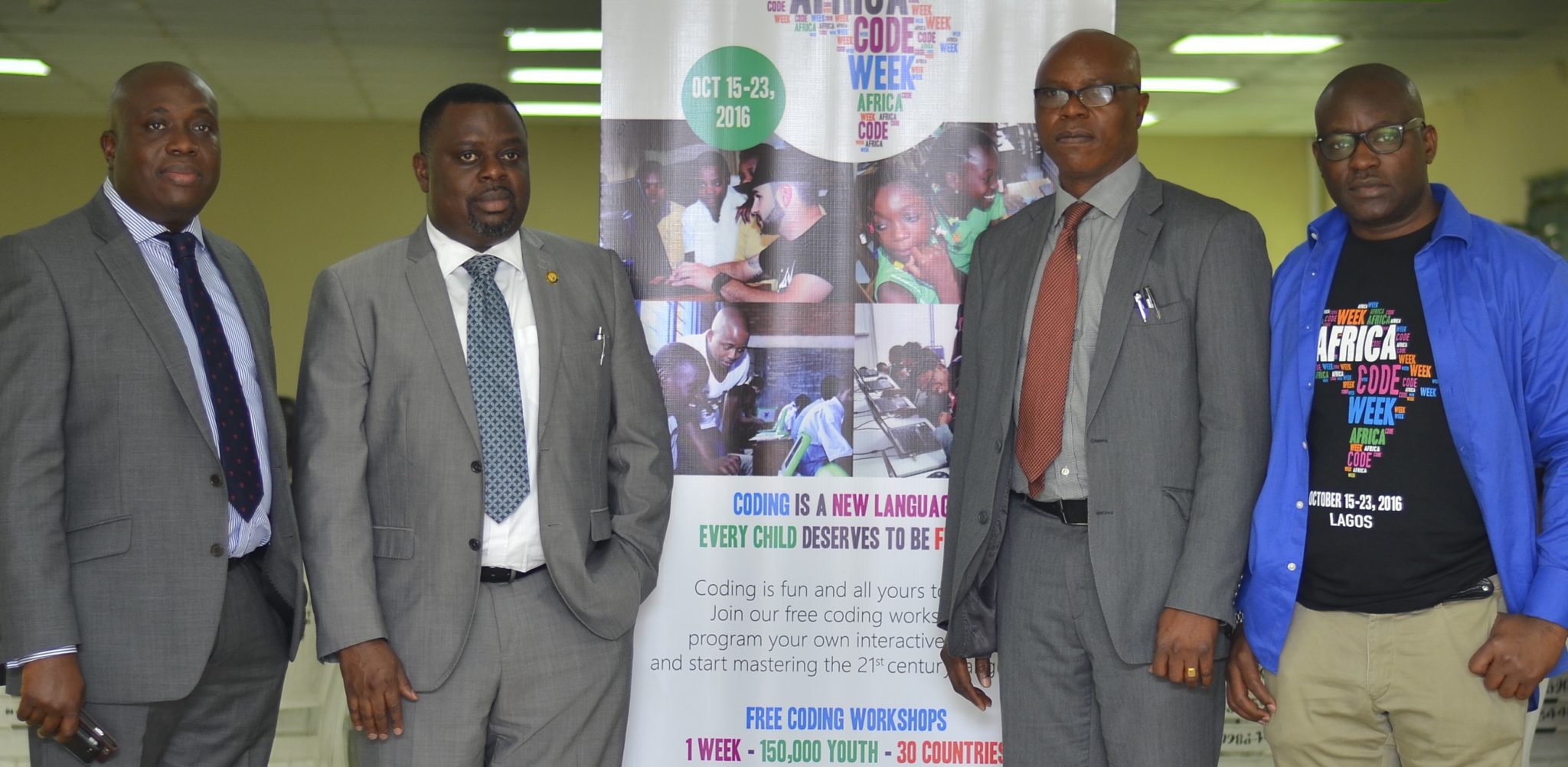 (L-r): Head, Business Operations, West Africa at SAP Olu Familusi; Honourable Commissioner, Lagos State Ministry of Science and Technology, Mr. Femi Odubiyi; ‎Permanent Secretary, Lagos State Ministry of Science and Technology‎ and Nigeria’s Coordinator of Africa Code Week, Mr. Olajide Ademola Ajayi, at the commencement of Africa Code Week 2016 held at Lagos State Digital Village, Alausa on Tuesday, September 27, 2016.