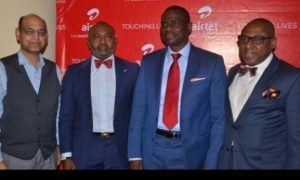 (L-r): Awadesh Kalia, chief technical officer; Emeka Oparah, director, Corporate Communications & CSR; Segun Ogunsanya, managing director and chief executive officer, all of Airtel Nigeria and Yomi Badejo-Okusanya, managing director, CMC Connect Burson Marsteller, at the launch of Airtel Touching Lives Season Three held in Lagos during the week. 