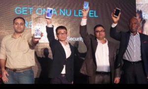  Kunal‎ Bhardwaj, Head of Business; Leo Jinag, managing director, Devices; Kyle Pam, marketing director, Consumer, all of Huawei Nigeria‎ and Leo Stan-Ekeh, chairman, Zinox Group, during the launch of Huawei GR5 Mini in Lagos on Friday. ‎