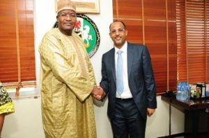 The Executive Vice Chairman of the Nigerian Communications Commission,  (NCC), Prof.  Umar Garba Danbatta handshaking the Chairman of the IPv6 Council Nigeria, Mr.  Muhammed Rudman during the Council's courtesy visit at the agency's Headquarters in Abuja recently.