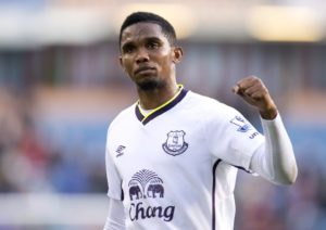 Everton's Cameroonian striker Samuel Eto'o leaves the pitch at the end of the English Premier League football match between Burnley and Everton at Turf Moor in Burnley, north west England, on October 26, 2014. Everton won the match 3-1. AFP PHOTO / OLI SCARFF RESTRICTED TO EDITORIAL USE. No use with unauthorized audio, video, data, fixture lists, club/league logos or live services. Online in-match use limited to 45 images, no video emulation. No use in betting, games or single club/league/player publications.OLI SCARFF/AFP/Getty Images