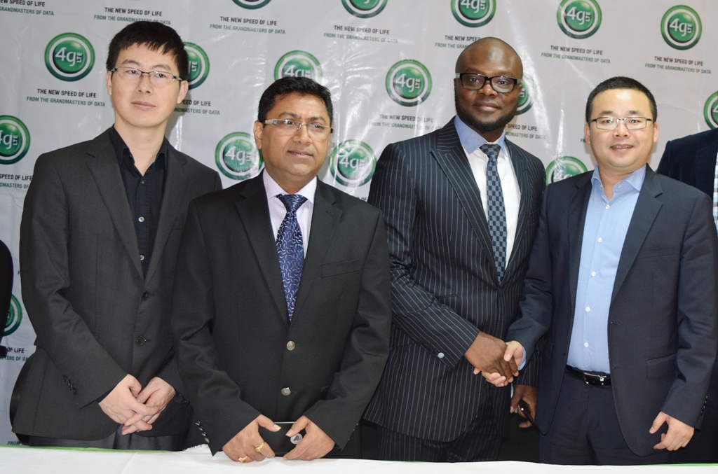L-R: Li Shaowei, Key Account Director, Huawei, Head Sanjib Roy, Regional Director Technical of Globacom, Kamaldeen Shonibare, Head, Corporate Sales,Globacom and Jin Renzhe, Managing Director, Huawei, at the launch of Glo 4G/ LTE nationwide services in Lagos on Tuesday.