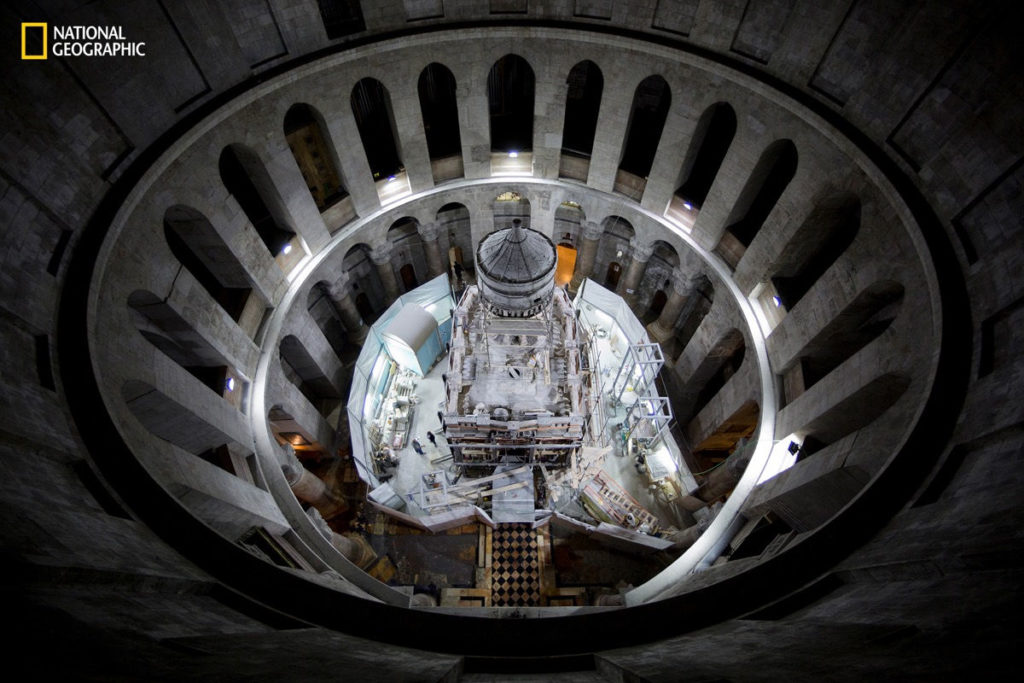 The Holy Edicule, the shrine that surrounds the rock tomb traditionally believed to belong to Jesus Christ, sits within the Church of the Holy Sepulchre in Jerusalem. Here, a conservation team led by the National Technical University of Athens works on a long-awaited restoration project of the structure. Credit: ODED BALILTY / NATIONAL GEOGRAPHIC 