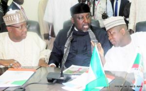 PIC.3. FROM LEFT: GOV. MUHAMMADU BINDO OF ADAMAWA; GOV. ROCHAS OKOROCHA OF IMO AND GOV. ABDUL-AZEEZ YARI OF KEBBI STATE DURING THE PROGRESSIVE GOVERNORS FORUM MEETING IN YOLA ON THURSDAY (27/8/15). 6214/27/8/2015/AMA/CH/NAN