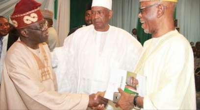 Bola Tinubu and John Oyegun enjoying a handshake at the forum