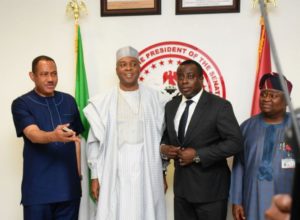 Senator Gilbert Nnaji, Chairman, Senate Committee on Communications (left); Senate President Bukola Saraki; Mr. Olusola Teniola, National President of ATCON and Senator Solomon Adeola Olamilekan, Vice Chairman, Committee on Communications, at the Senate President’s office recently.