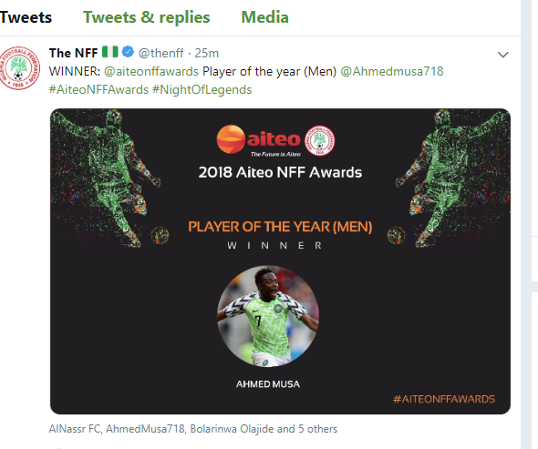 BREAKING!: Ahmed Musa Wins Best Nigerian Player Award